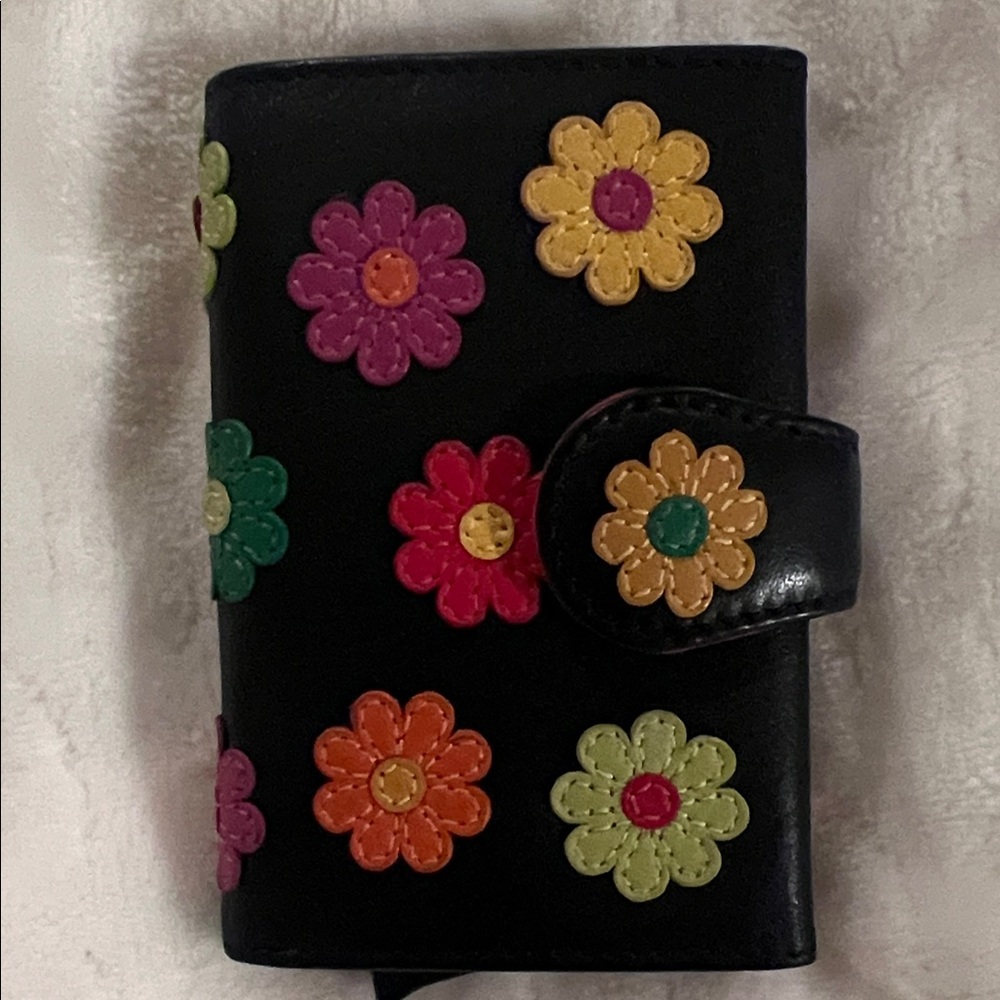 Genuine Leather Vera Pelle Black Wallet with RFID and Colorful Floral Design